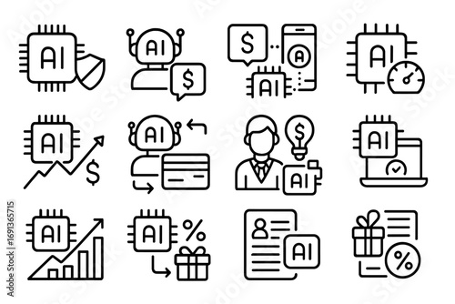 AI Finance Icons. Outline icon set of AI in finance: fraud detection, robo-advisor, expense tracker, credit