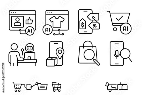 AI Shopping Icons. Outline icon set of AI in shopping: personalized recommendation, virtual fitting, price