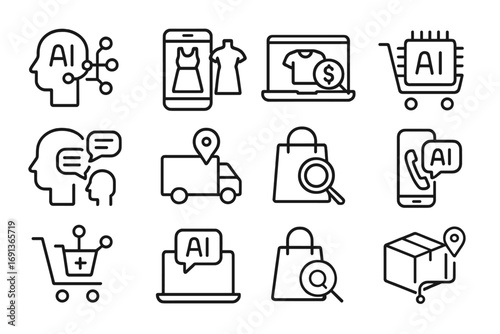 AI Shopping Icons. Outline icon set of AI in shopping: personalized recommendation, virtual fitting, price