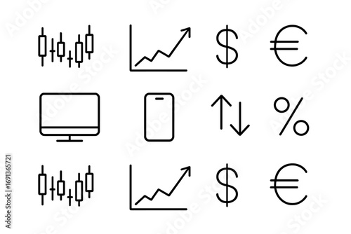 Forex Trading Icons. Outline icon set of forex trading: candlestick chart, line graph, dollar sign, euro sign,