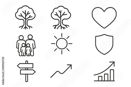 Family Resilience Icons. Outline icon set of family resilience: tree, roots, heart, family silhouette, sun,
