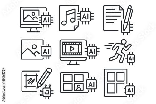 AI Creative Icon Set. Outline icon set of AI in creative work: art generator, music composer, writing