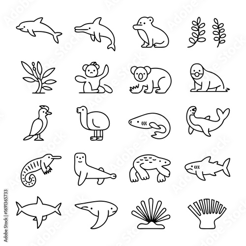 Diverse Animals and Marine Life Line Art A Collection of Mammals, Birds, and Ocean Creatures in Vector Style
