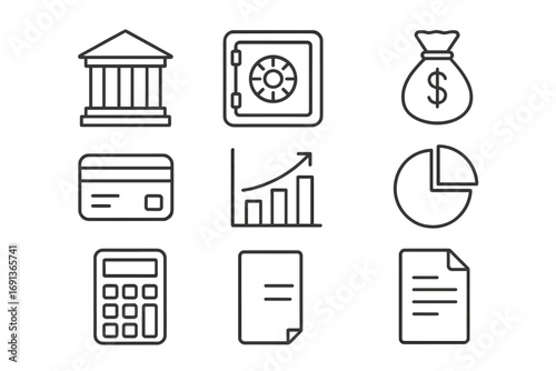 Financial Icons Set. Outline icon set of financial institutions: bank, safe vault, money bag, credit card, bar