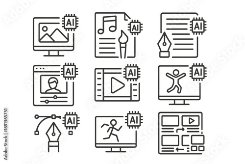 AI Creative Icon Set. Outline icon set of AI in creative work: art generator, music composer, writing