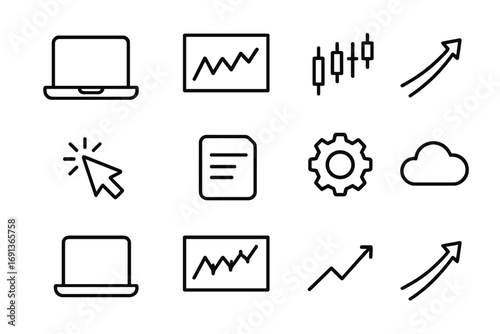 Trading Platform Icons. Outline icon set of trading platforms: laptop, trading chart, candlestick graph,
