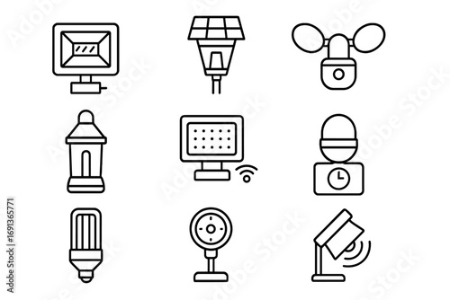 Energy-Efficient Lighting Icons. Outline icon set of Energy-efficient site lighting: LED floodlight, solar