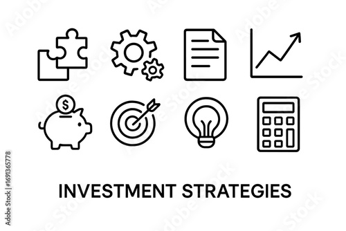 Investment Icon Set. Outline icon set of investment strategies: puzzle pieces, gears, document, upward chart,
