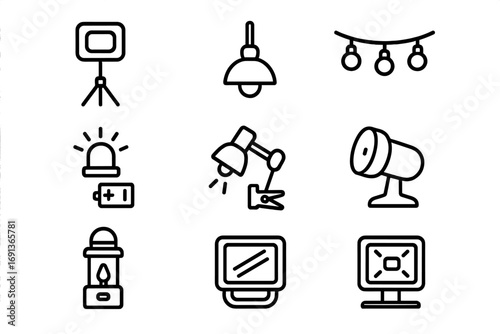 Temporary Lighting Icons. Outline icon set of Temporary lighting solutions: tripod light, hanging lamp, string