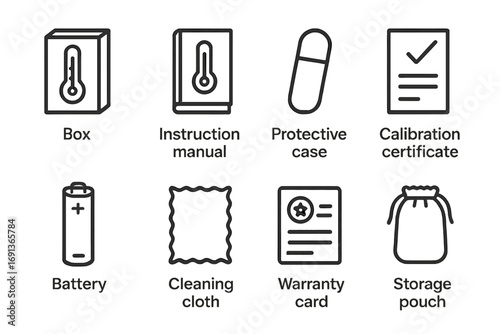 Thermometer Icon Set. Outline icon set of thermometer packaging and storage: box, instruction manual, protective case, calibration
