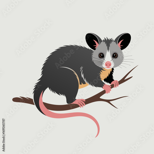 Detailed illustration of a North American opossum clinging to a tree branch, showcasing its unique features and natural habitat in a simple and engaging way
