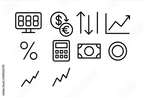 Currency Exchange Icons. Outline icon set of exchange rate display: digital screen, currency pair, arrows up
