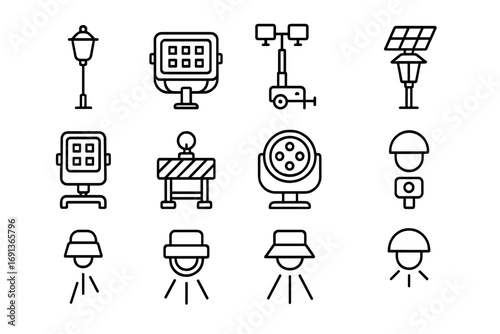 Construction Lighting Icons. Outline icon set of Outdoor construction lighting: street lamp, floodlight, tower