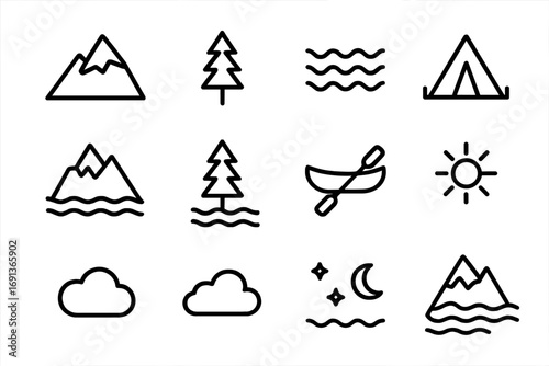 Mountain Lake Icons. Outline icon set of mountain lakes: high peak, pine tree, rippling water, camp tent,