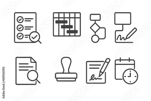 Office Workflow Icons. Outline icon set of Office workflow processes: task list, Gantt chart, flowchart,