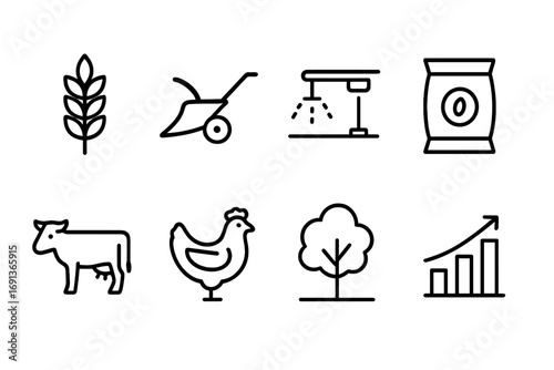 Agricultural Icon Set. Outline icon set of agricultural development: wheat stalk, plow, irrigation system,