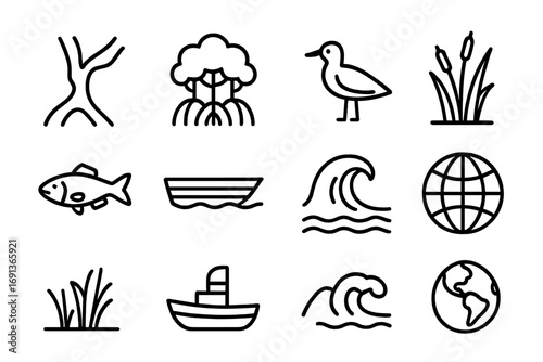 River Delta Icon Set. Outline icon set of river delta and estuaries: branching river, mangroves, fish, seabird
