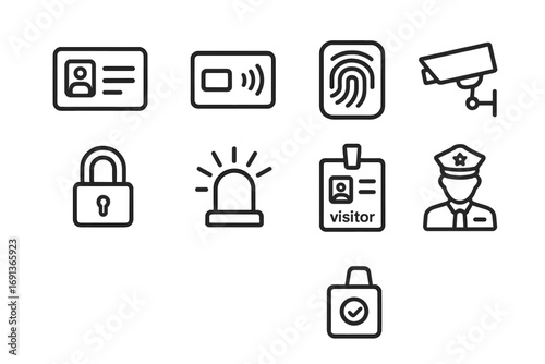 Office Security Icons. Outline icon set of Office security and access: ID card, keycard, fingerprint scanner,