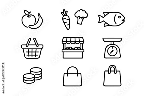Local Market Icons. Outline icon set of local markets: fruits, vegetables, fish, basket, vendor stall, scale,