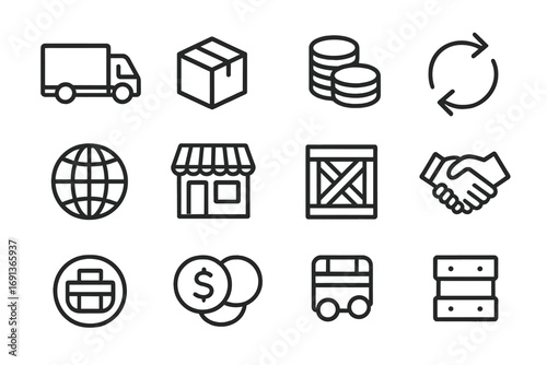 Rural Trade Icons. Outline icon set of rural trade: delivery truck, package, coins, arrows, globe, store,