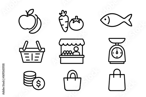 Local Market Icons. Outline icon set of local markets: fruits, vegetables, fish, basket, vendor stall, scale,