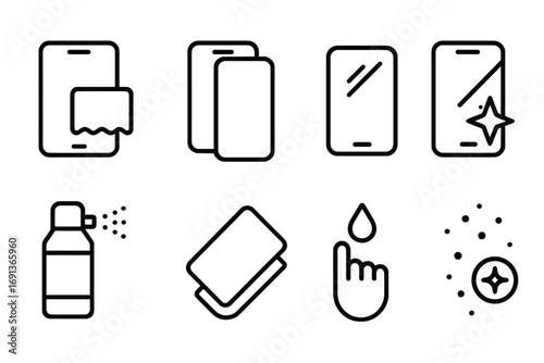 Touchscreen Care Icons. Outline icon set of touchscreen cleaning and protection: screen wipe, screen protector, anti-glare coating