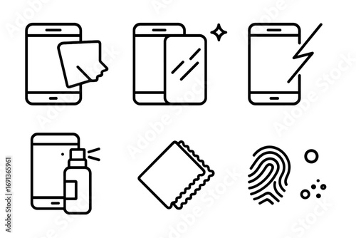 Touchscreen Care Icons. Outline icon set of touchscreen cleaning and protection: screen wipe, screen protector, anti-glare coating