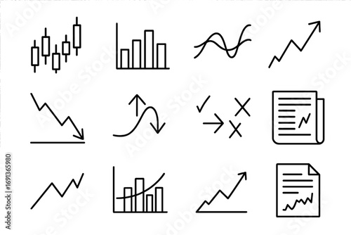 Stock Market Icons. Outline icon set of Stock market fluctuations: candlestick chart, volume bars, moving