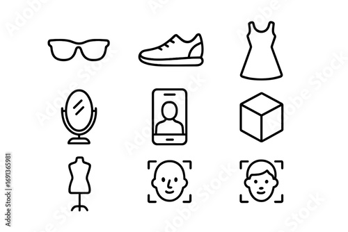 Virtual Try-On Icons. Outline icon set of virtual try-on: sunglasses, shoe, dress, mirror, smartphone, 3D cube