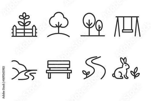 Tourism and Adventure Icons. Outline icon set of tourist activities: taking photos, visiting landmarks, hiking, shopping, dining,