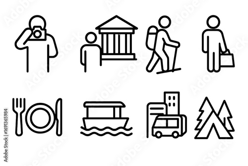 Tourist Icon Set. Outline icon set of tourist activities: taking photos, visiting landmarks, hiking, shopping, dining, boat tour,