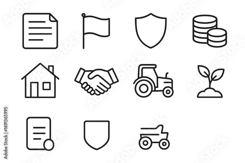 Rural Development Icons. Outline icon set of government support for rural growth: document, flag, shield,