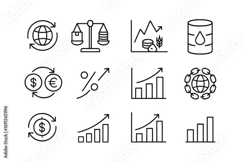 Global Economics Icons. Outline icon set of Global economic factors: import-export, trade balance, commodity