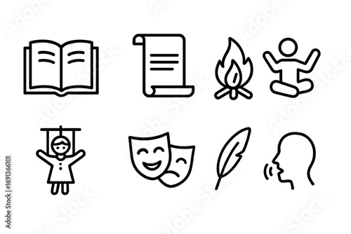 Traditional Storytelling Icons. Outline icon set of traditional storytelling: open book, scroll, campfire, storyteller, puppet,