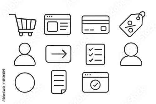 E-commerce Icon Set. Outline icon set of E-commerce platform setup: shopping cart, product page, payment