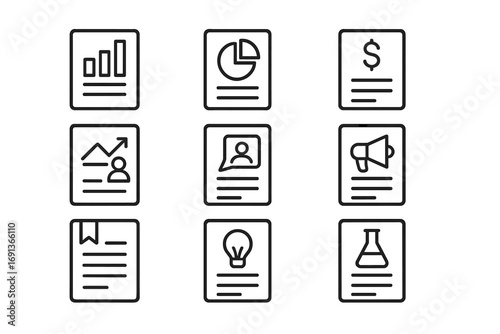 Market Report Icons. Outline icon set of Market reports and documentation: annual report, quarterly report,