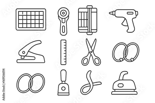 Scrapbook Tool Icons. Outline icon set of scrapbook tools: cutting mat, rotary cutter, paper trimmer, glue gun