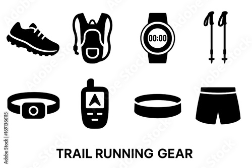 Trail Running Icon Set. Solid, filled icon set of trail running gear: trail shoes, hydration pack, running watch, trekking poles,