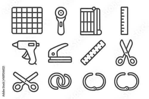 Scrapbook Tool Icons. Outline icon set of scrapbook tools: cutting mat, rotary cutter, paper trimmer, glue gun
