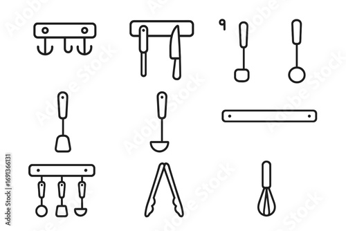 Kitchen Utensil Icons. Outline icon set of utensil racks: wall hook, magnetic strip, hanging spoon, spatula,