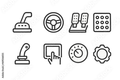 Training Controls Icons. Outline icon set of training simulator controls: throttle lever, steering wheel, pedals, buttons panel,