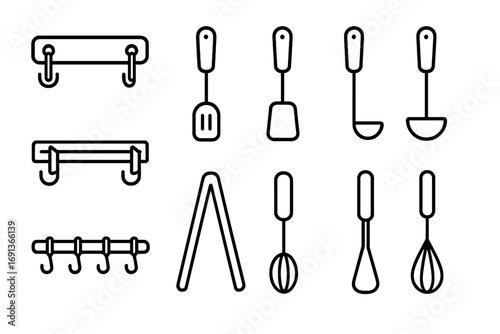 Kitchen Utensil Icons. Outline icon set of utensil racks: wall hook, magnetic strip, hanging spoon, spatula,
