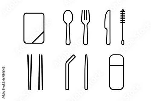 Portable Utensil Icon Set. Outline icon set of portable utensil sets: travel pouch, spoon, fork, knife,