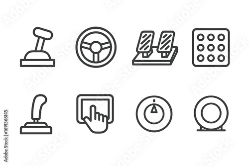 Training Controls Icons. Outline icon set of training simulator controls: throttle lever, steering wheel, pedals, buttons panel,