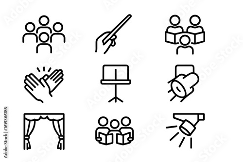 Group Performance Icons. Outline icon set of group performances: choir formation, conductor baton, singers