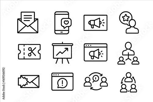 Marketing Icon Set. Outline icon set of Marketing and promotion: email newsletter, social media, banner ad,