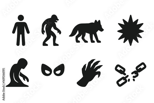 Transformation Icon Set. Solid, filled icon set of transformation stages: human form, half-beast, full animal, energy burst,