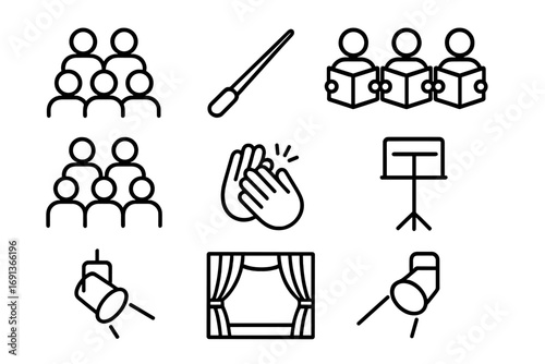 Group Performance Icons. Outline icon set of group performances: choir formation, conductor baton, singers