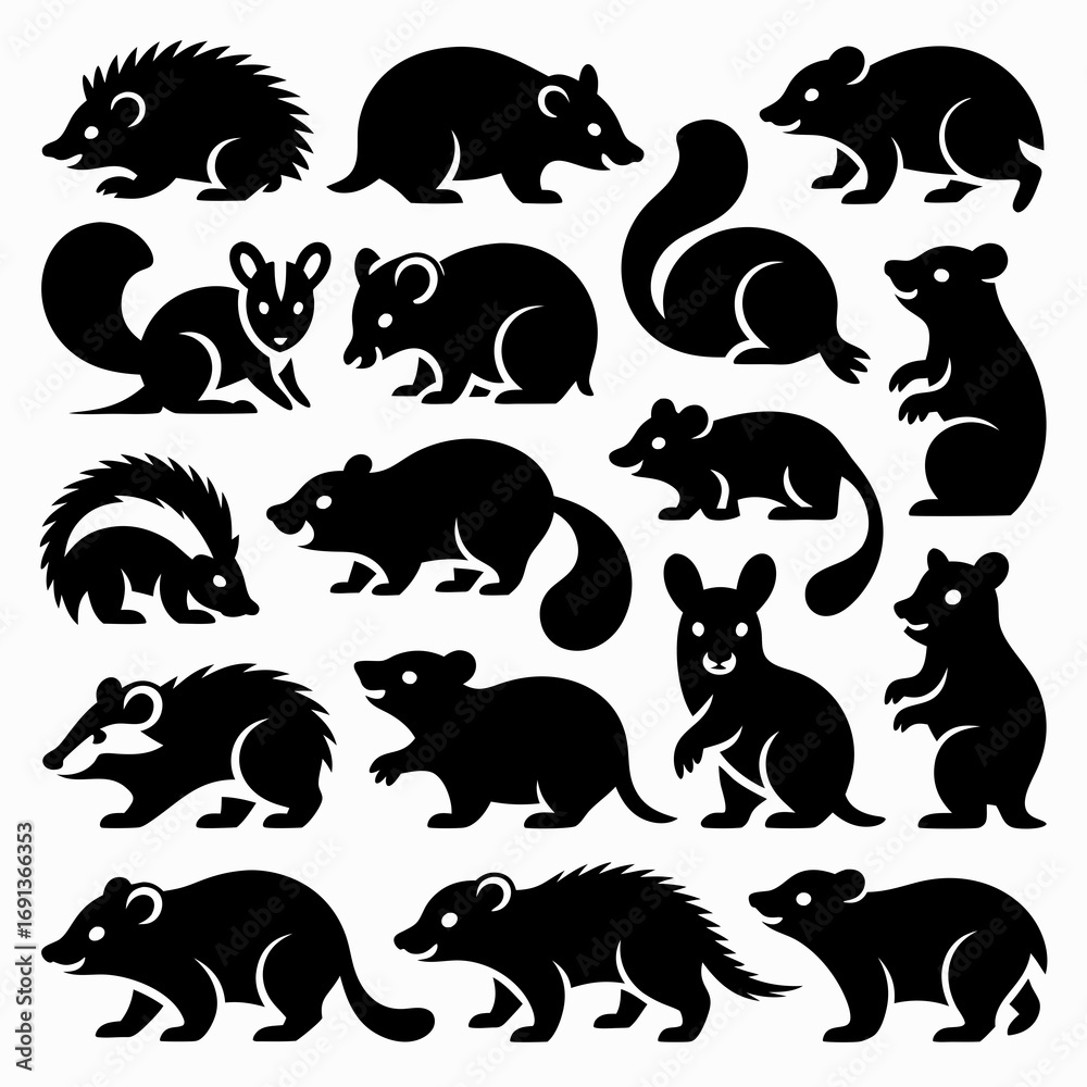 Obraz premium Stylized black silhouette icons of various forest and woodland animals, a comprehensive vector collection of fauna for nature-themed design projects