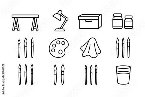 Artist Workspace Icons. Outline icon set of Artist workspace essentials: table, lamp, storage box, jars,